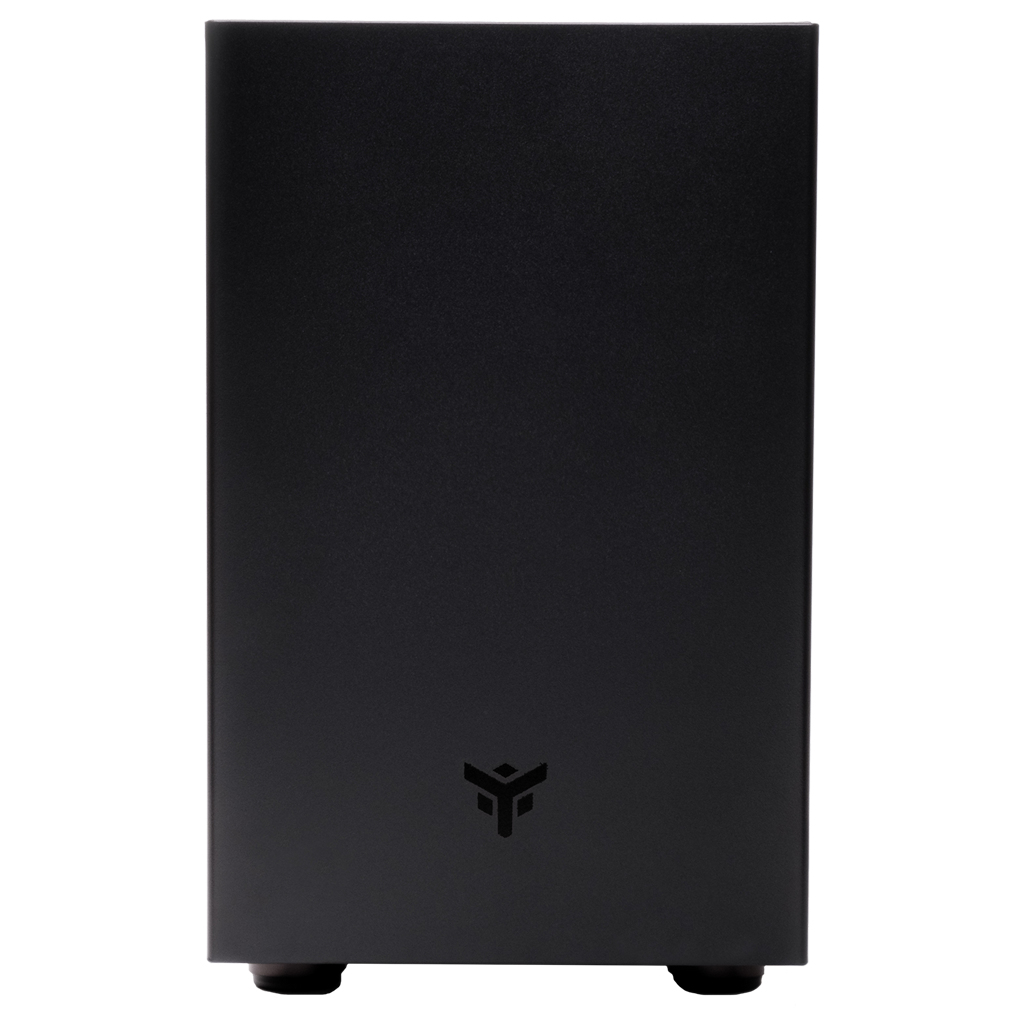 Case per PC nero, un design semplice. Ha un logo sul davanti.