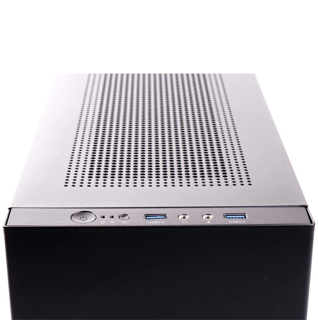 Parte superiore del case per PC con porte e pulsanti. Un design elegante. Ha porte USB e pulsante di accensione.