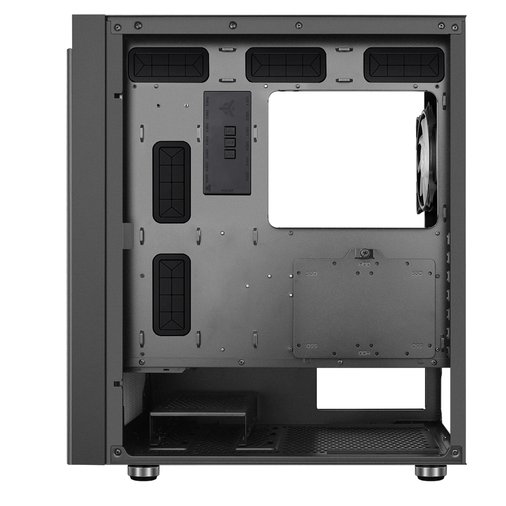 Interno di un case per PC, che mostra lo spazio per i componenti. Metallo nero con ritagli e punti di montaggio.
