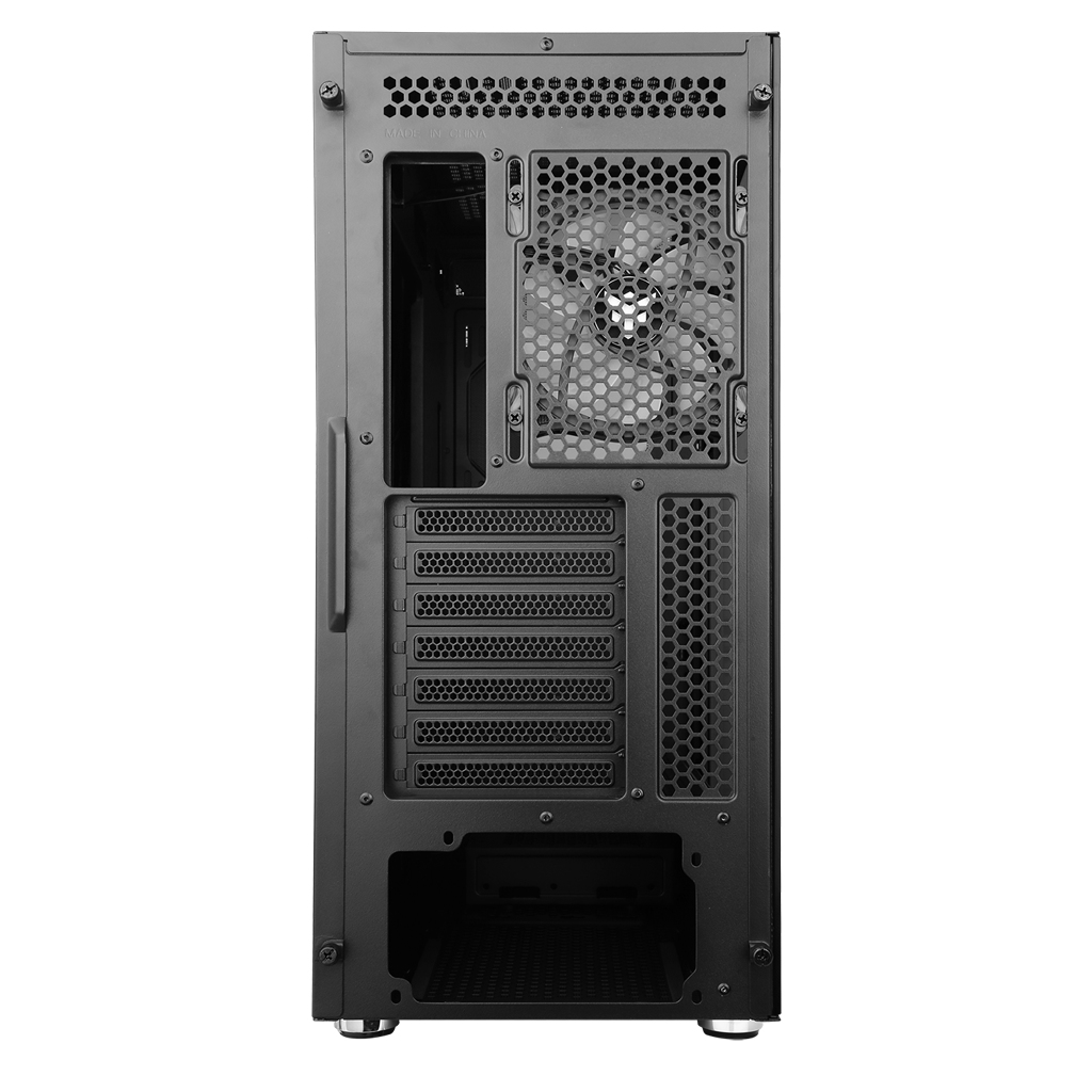 Parte posteriore di un case per PC nero, che mostra una ventola e le porte. Costruzione in rete e metallo.