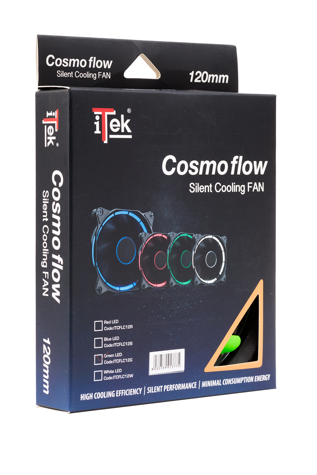 Scatola nera e blu di iTek Cosmoflow Silent Cooling FAN con illustrazioni delle ventole.