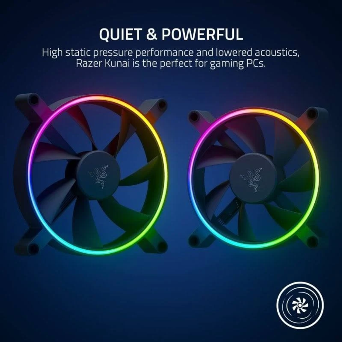 Dwa wentylatory komputerowe z podświetleniem RGB. Wentylatory mają czarne łopatki i okrągły kształt.