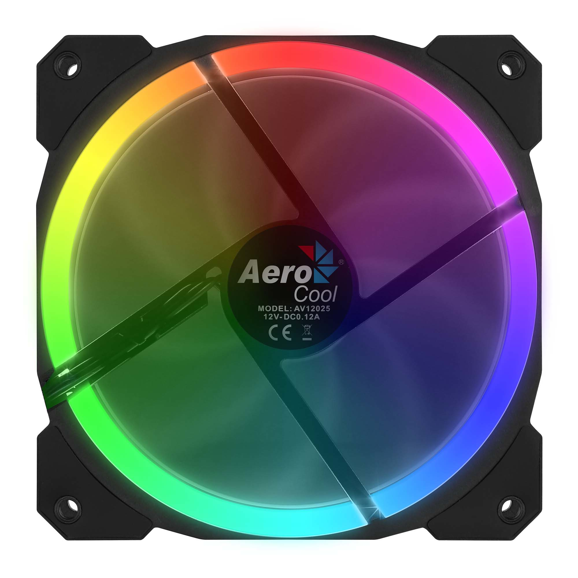 Ventola con pale, telaio nero. Le luci sono a colori arcobaleno.