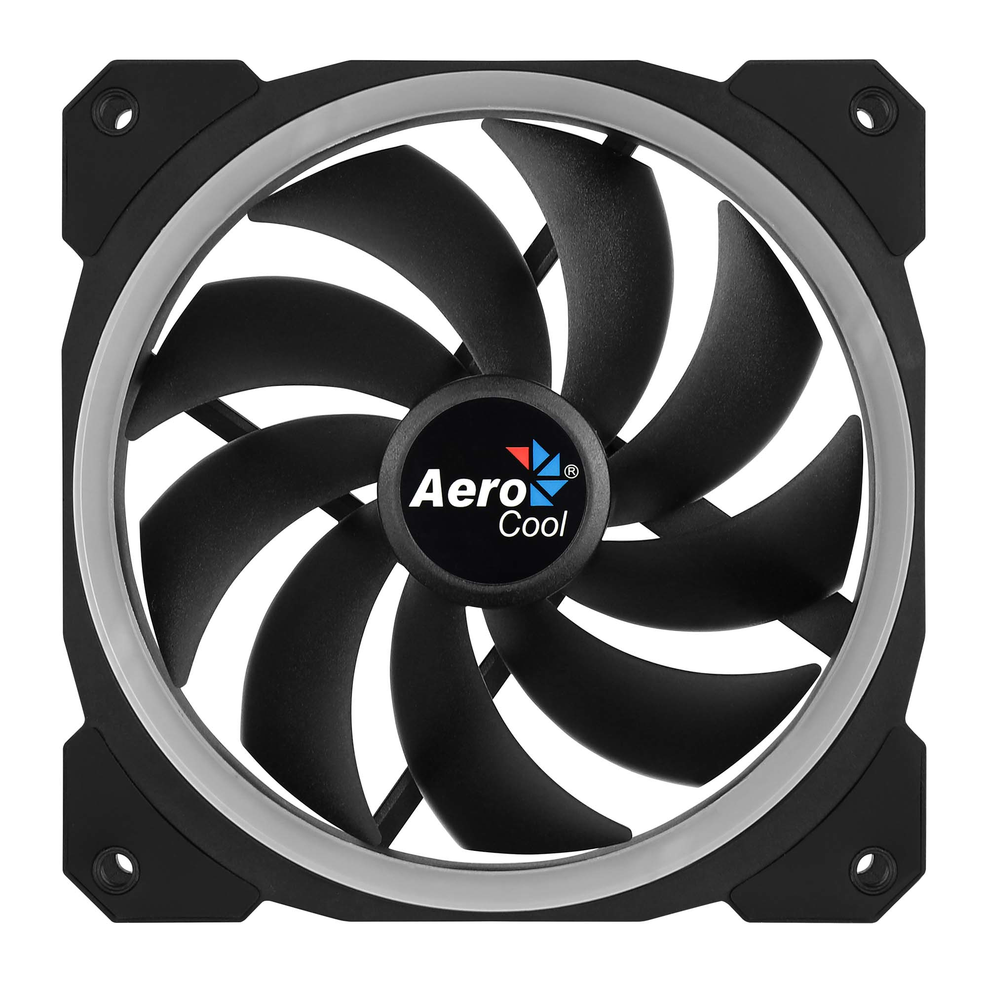 Una ventola nera per computer con un logo Aero Cool al centro, su uno sfondo bianco.