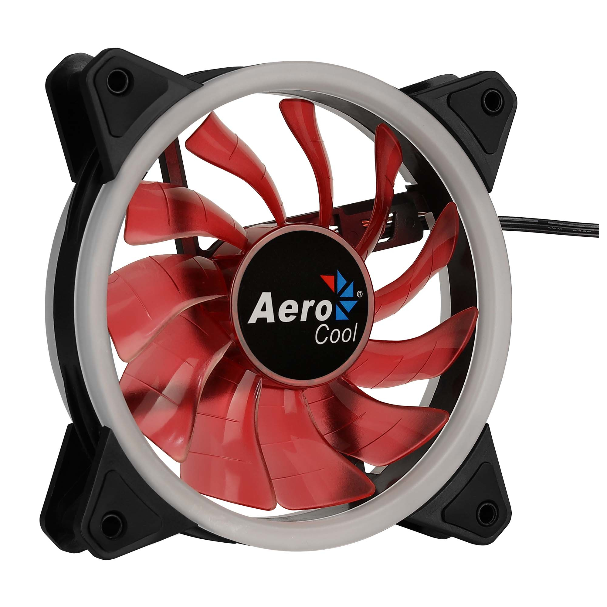 Ventola per computer con pale rosse e anello bianco, cornice nera e logo Aero Cool.
