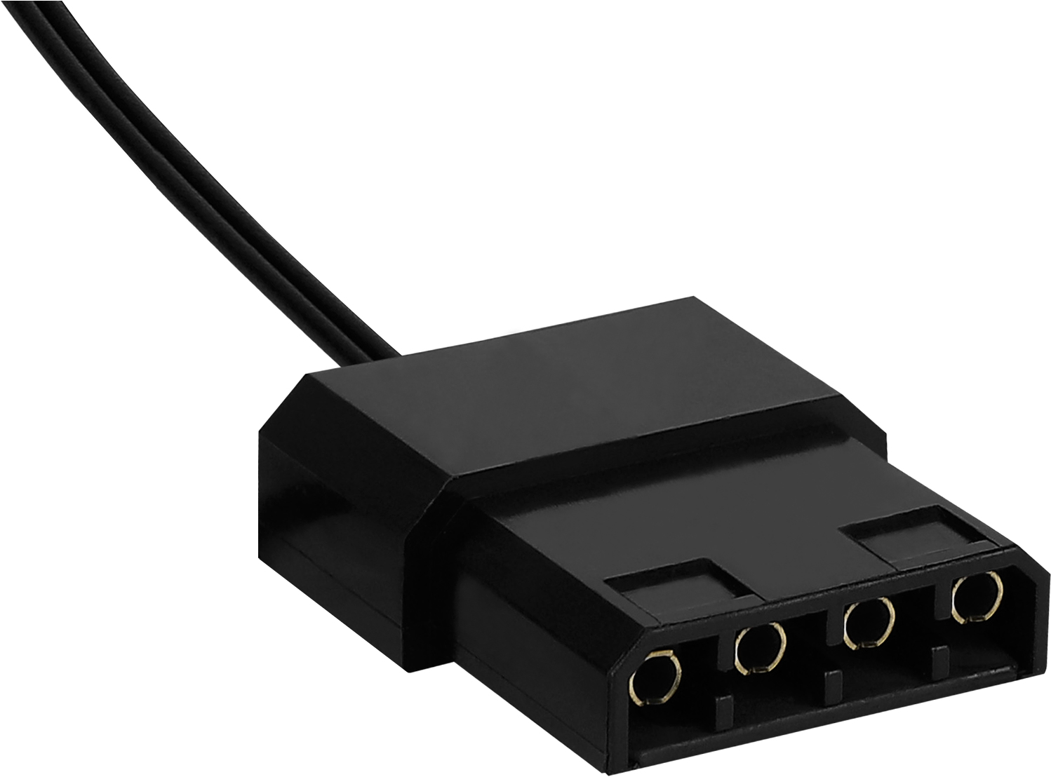 Czarny konektor z czterema złotymi pinami i kablem. Na białym tle.