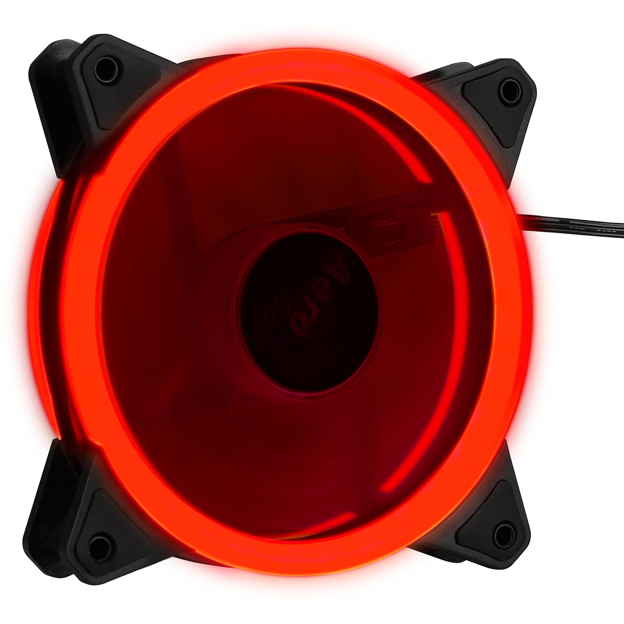 Una ventola per computer con illuminazione a LED rossa, cornice nera e logo Aero centrale.
