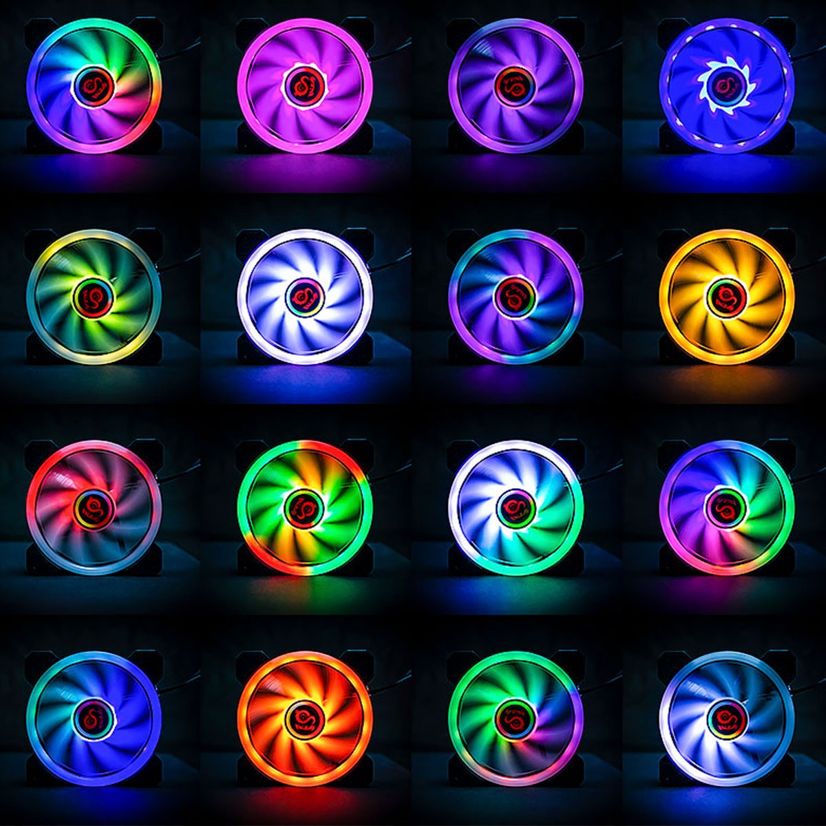 Una cuadrícula de ventiladores de computadora con luces de diferentes colores y marcos negros.