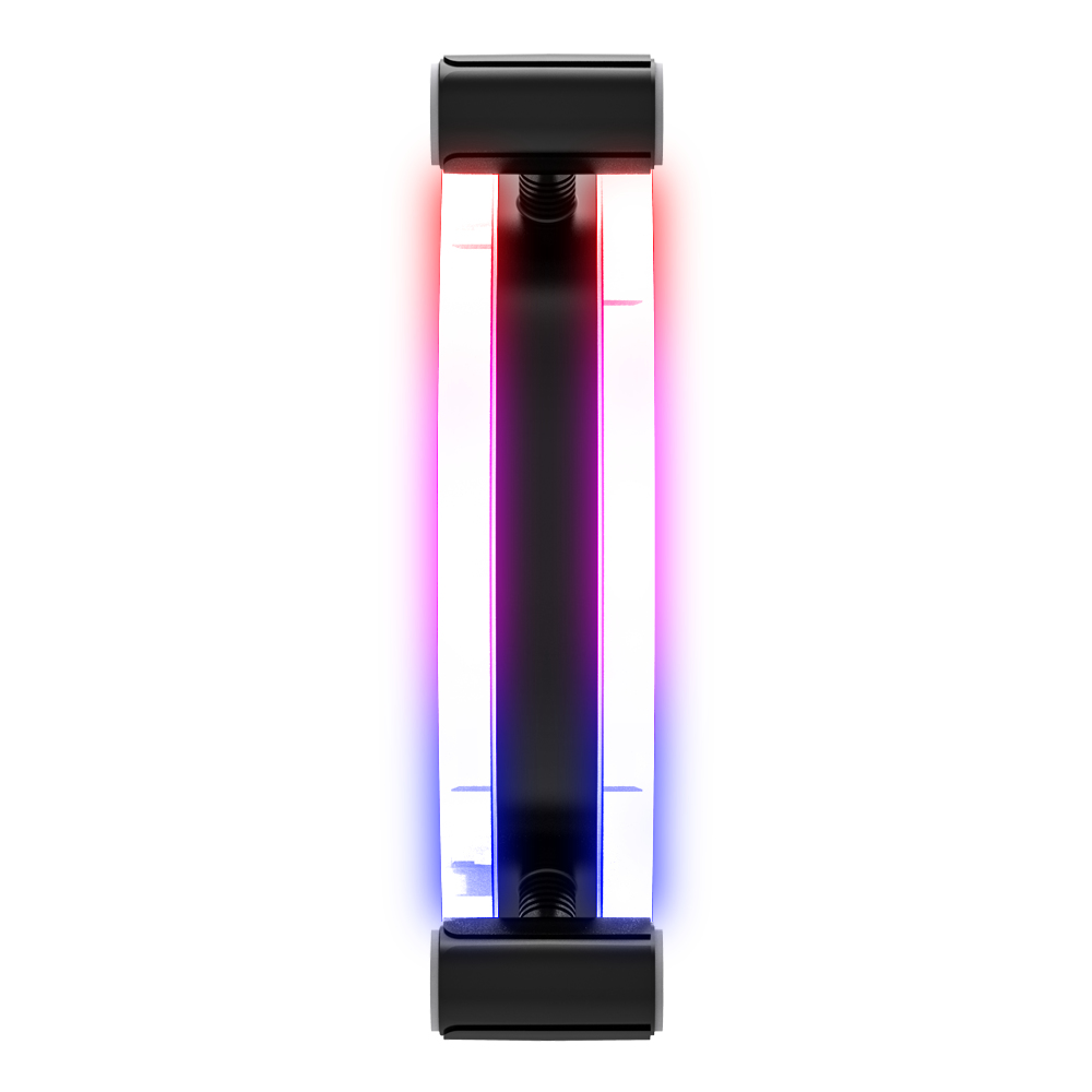 Kırmızı, beyaz ve mavi bir parıltı içeren RGB aydınlatmalı siyah bir çubuk.