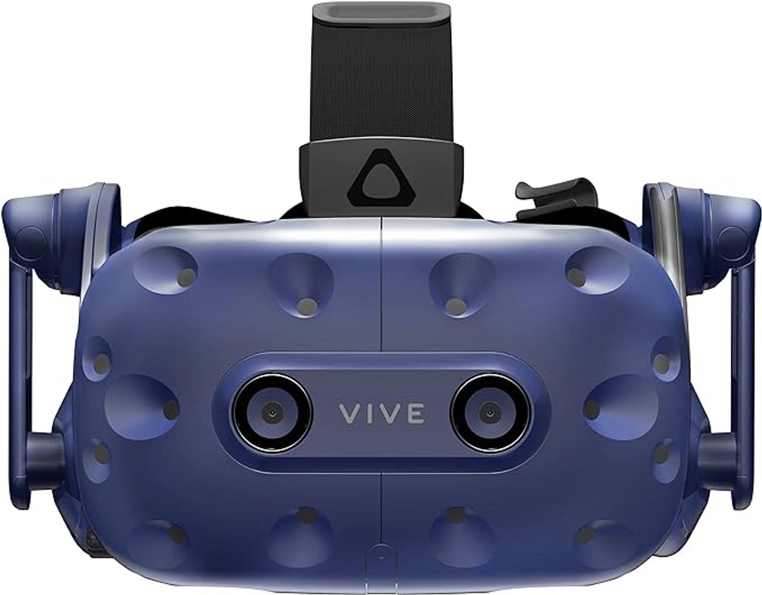 Unos auriculares de realidad virtual azules con cámaras duales, sensores y correas ajustables, mirando hacia adelante.