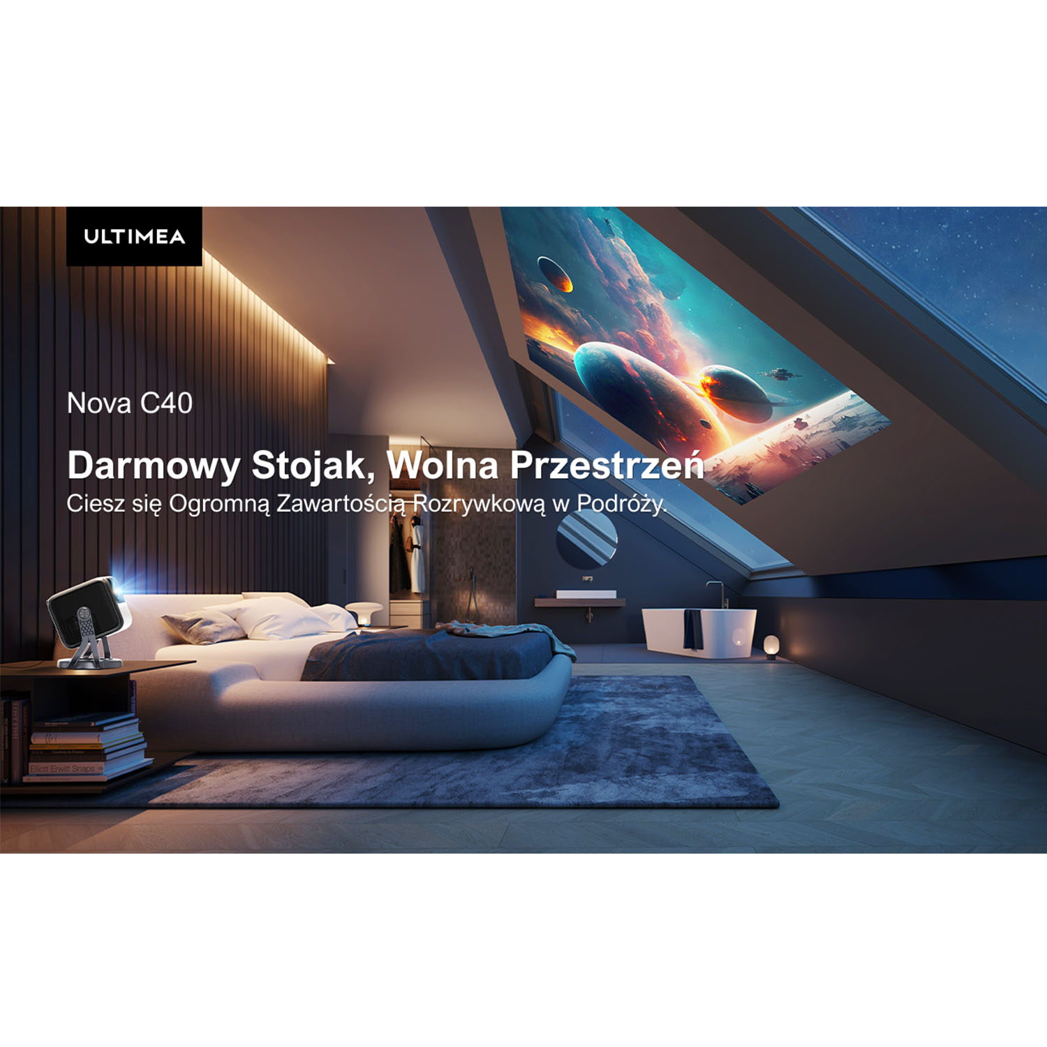 Nowoczesna sypialnia z dużym oknem, ukazująca scenę kosmiczną. Projektor stoi na stoliku nocnym.