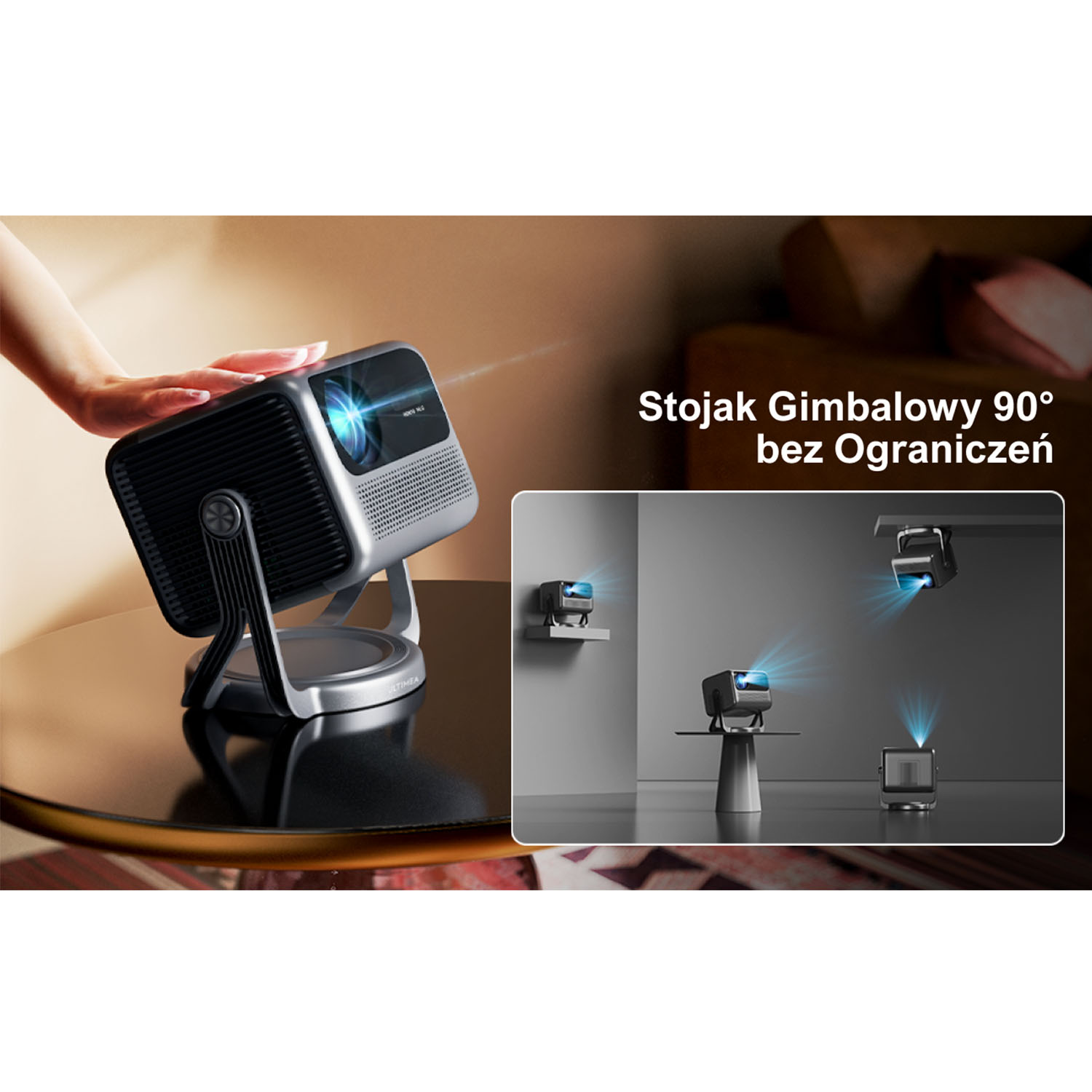 Srebrny i czarny projektor na stole. Tekst po polsku: 'Stojak Gimbalowy 90° bez Ograniczeń', z trzema dodatkowymi obrazami projektora.
