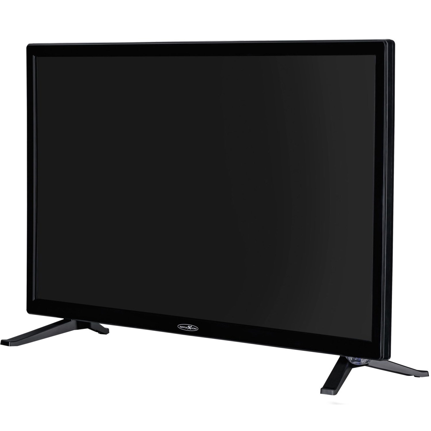 Ein schwarzer Fernseher mit schwarzem Rahmen und Ständer. Der Bildschirm zeigt ein Bild an.