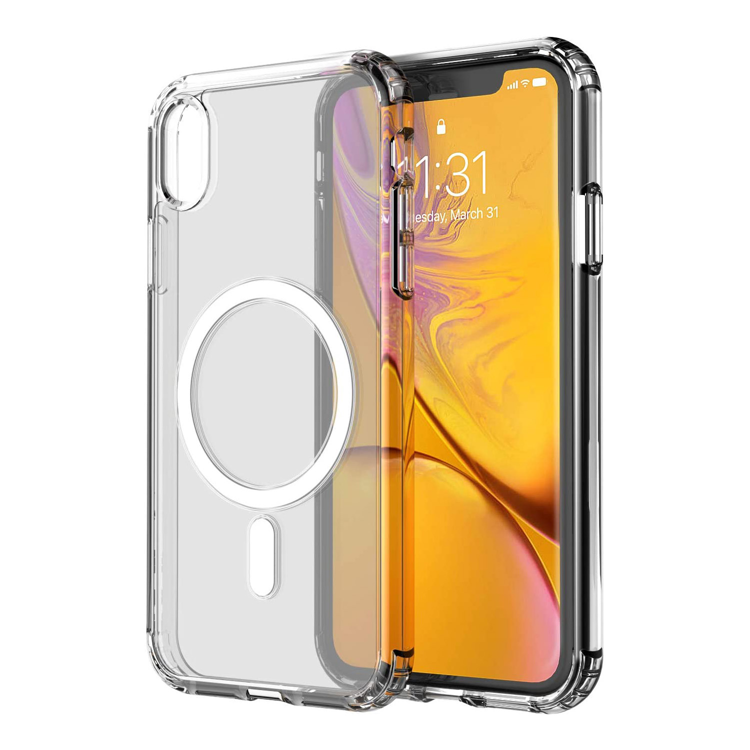 Transparente Handyhülle mit einem iPhone, das den Bildschirm mit Uhr und buntem Hintergrund zeigt.