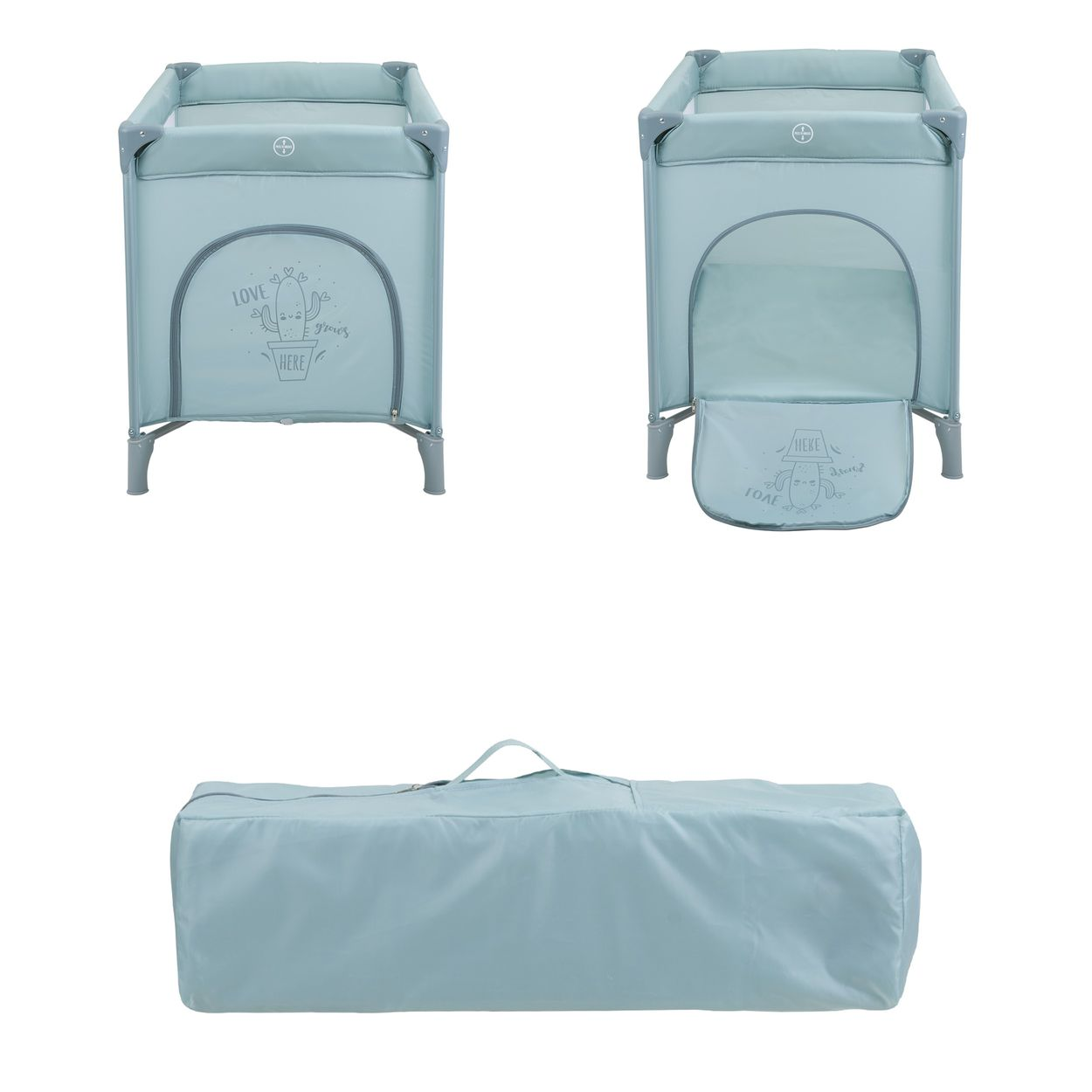 Ein blauer Baby-Reisebett mit Kaktusdesign, gefaltet und entfaltet, und eine passende Tragetasche.