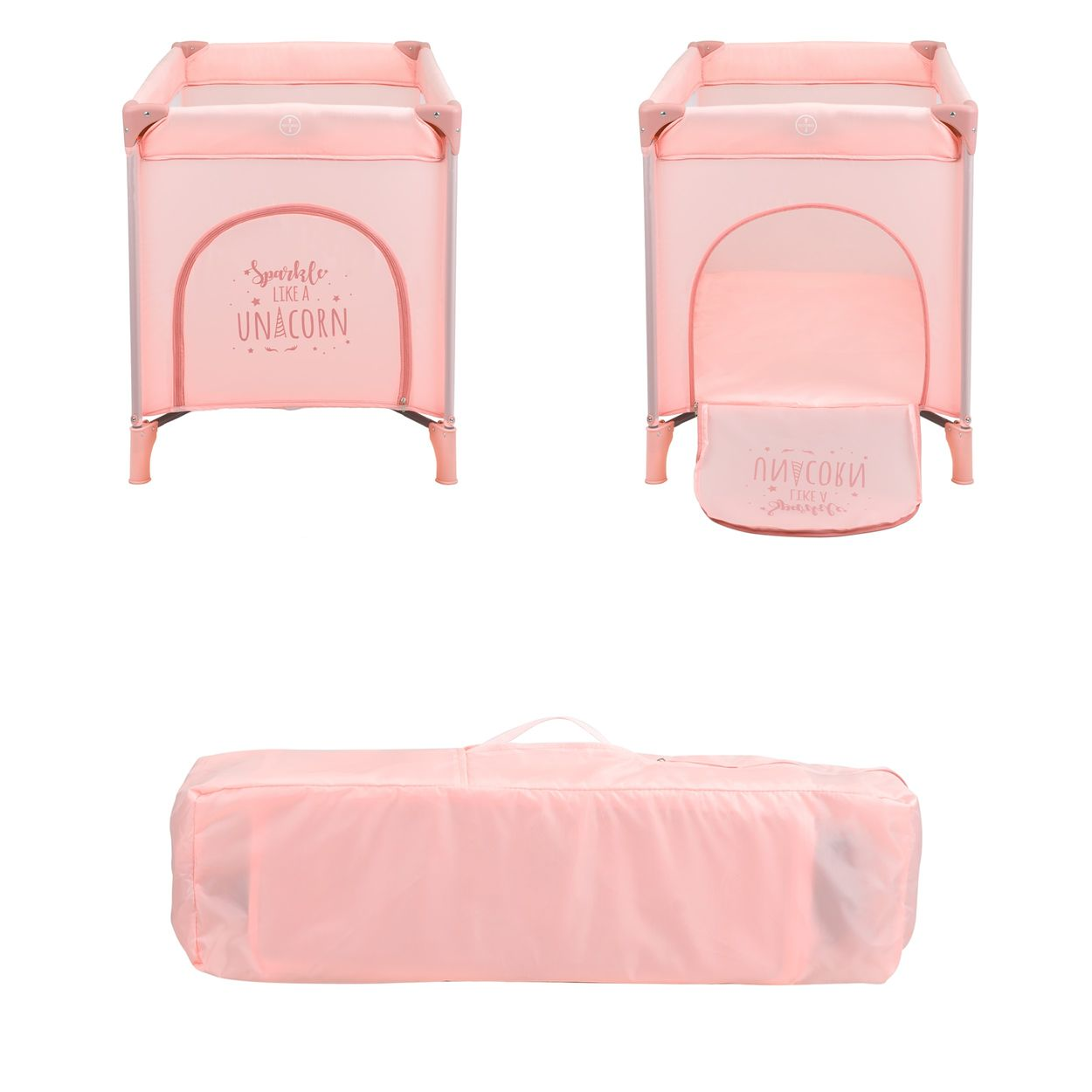 Ein rosa Baby-Reisebett mit Einhorn-Design, gefaltet und entfaltet, und eine passende Tragetasche.