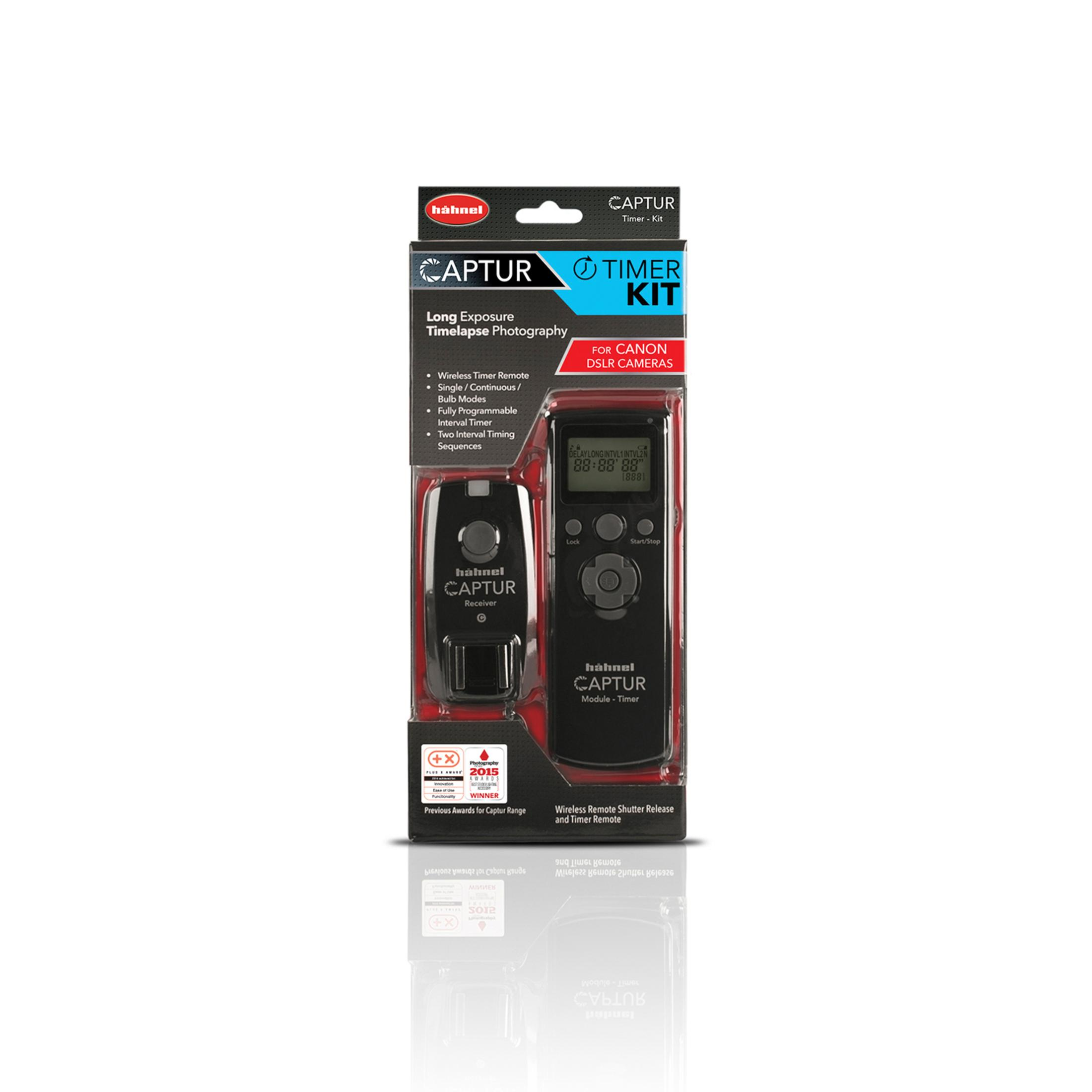 Schachtel mit Captur Timer Kit in Schwarz, Weiß und Rot für DSLR-Kameras.