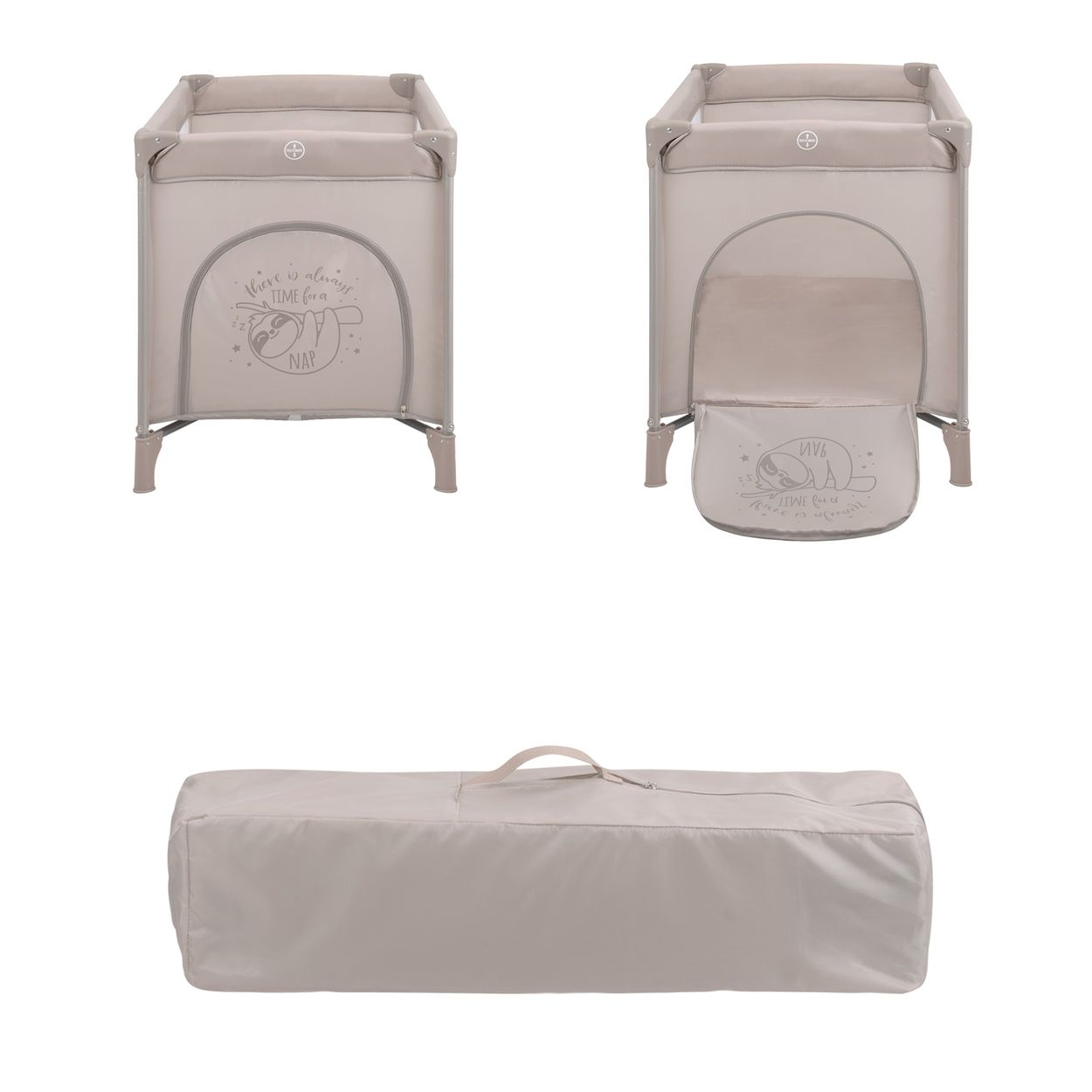 Drei beige tragbare Babybetten: eines montiert, eines teilweise geöffnet und eines in einer Tasche verpackt.