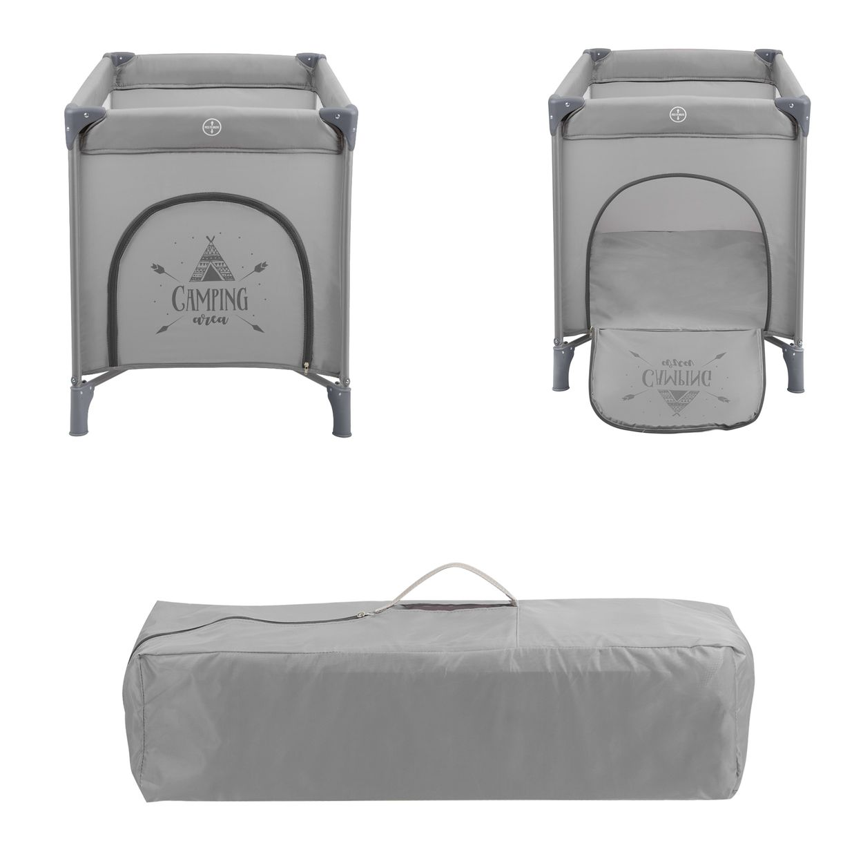 Ein graues Baby-Reisebett mit Camping-Design, gefaltet und entfaltet, und eine passende Tragetasche.