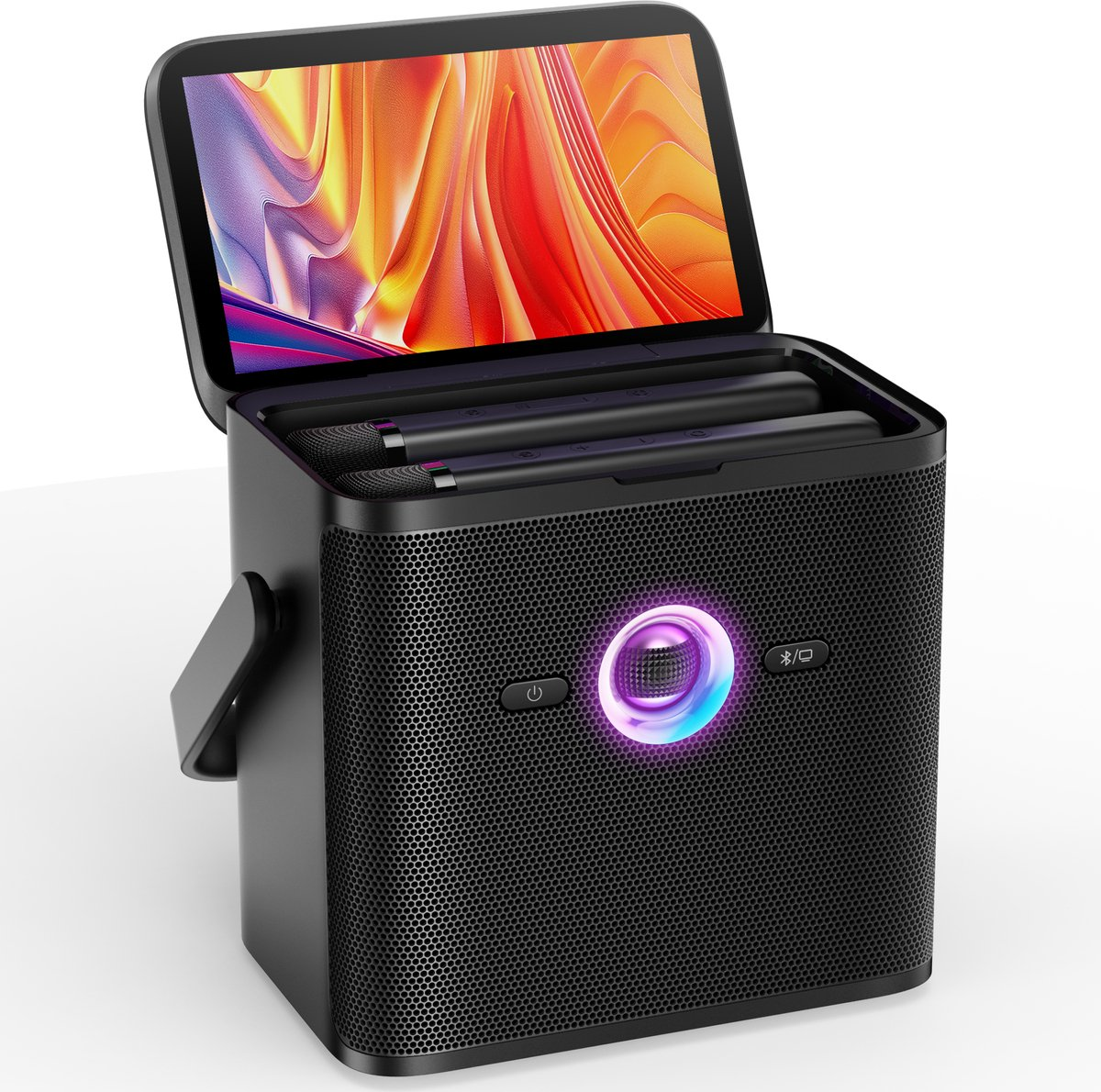 Zwarte karaokemachine met display, twee microfoons en een cirkelvormig licht.