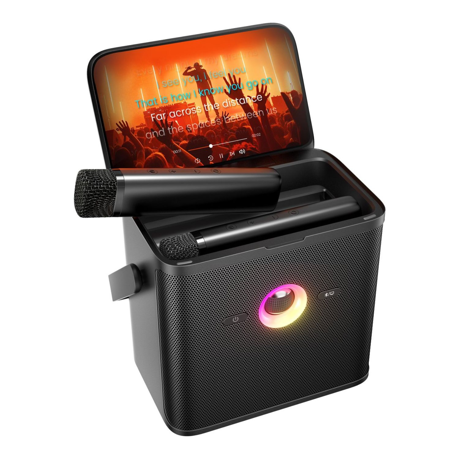 Zwarte karaokemachine met display met songteksten en twee microfoons. Kleurrijke lichtring.
