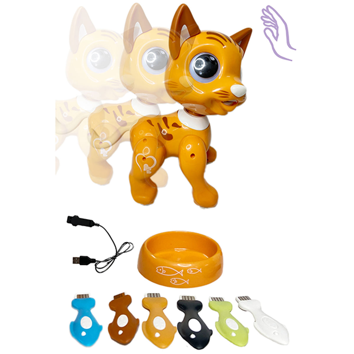 Juguete de gato robot naranja con accesorios y una mano.