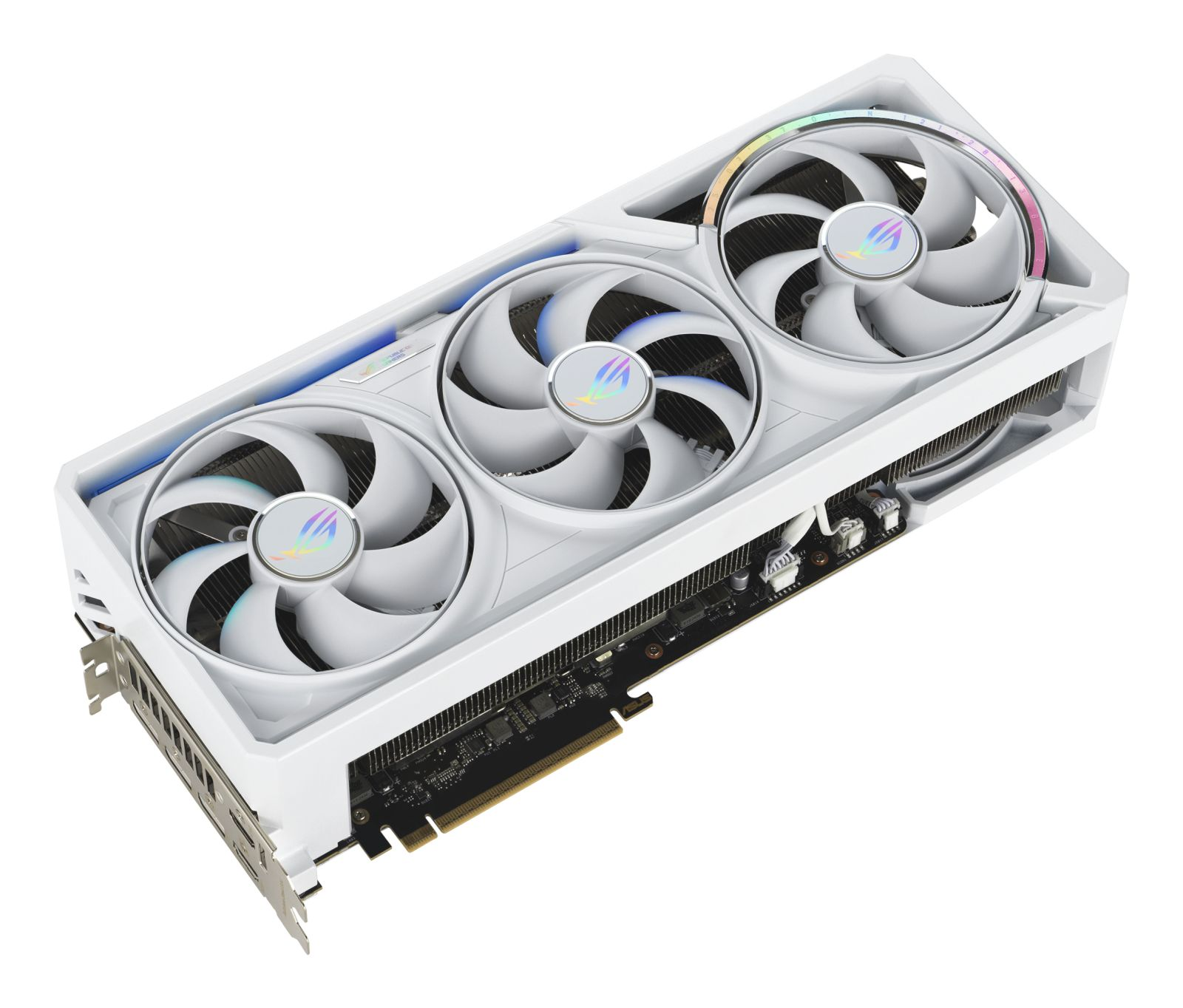 Scheda grafica bianca con tre ventole, illuminazione RGB e testo.