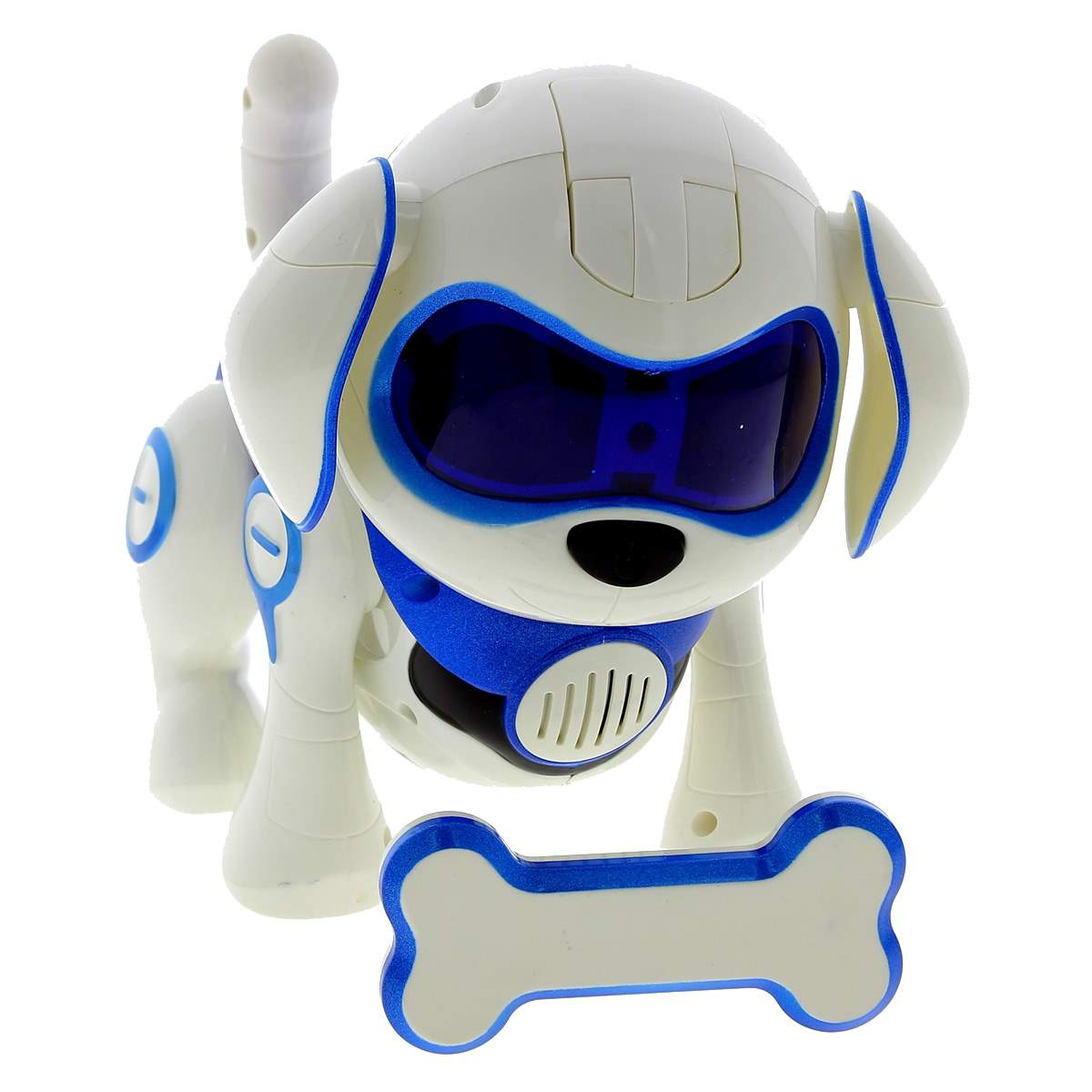 Perro robot blanco y azul con un hueso, sobre fondo blanco.