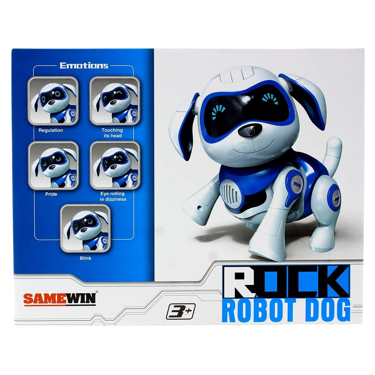 Juguete de perro robot en blanco y azul, sobre fondo blanco.
