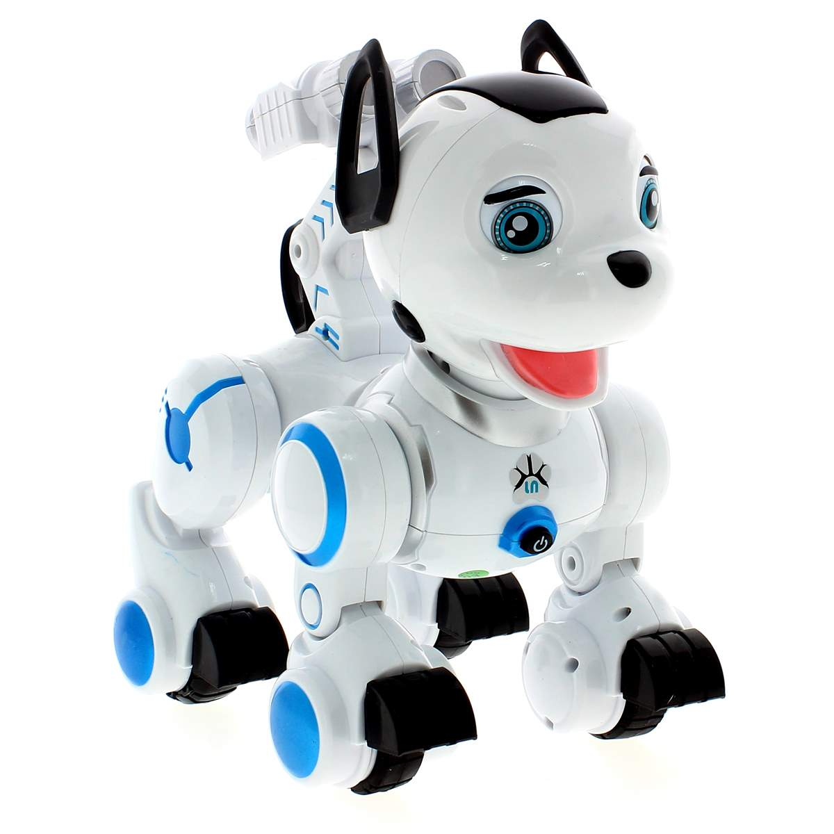 Juguete de perro robot blanco con detalles negros y azules.
