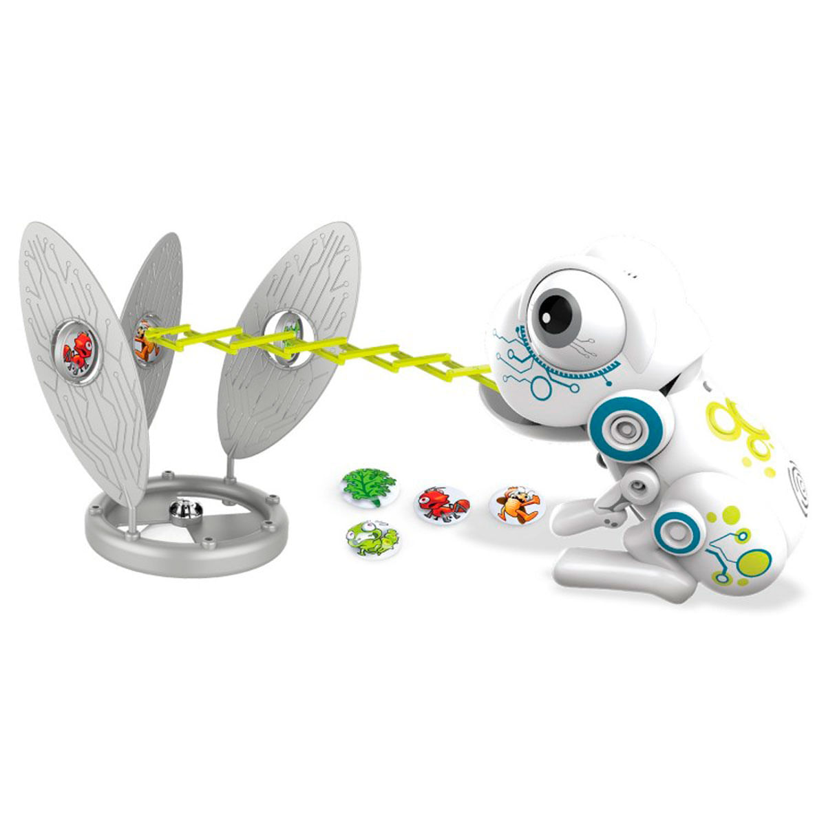 Un juguete robot blanco con un ojo grande dispara a dos objetivos en forma de alas. Discos coloridos dispersos.