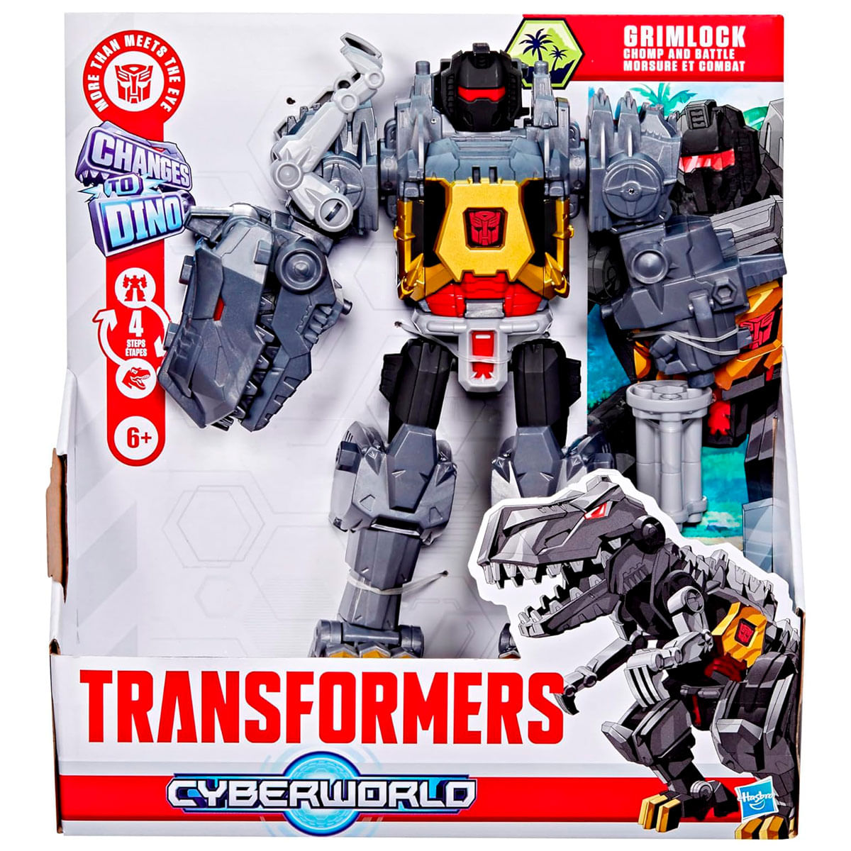 Un giocattolo Transformers Grimlock in una confezione. La confezione ha un'immagine del giocattolo in entrambe le forme.