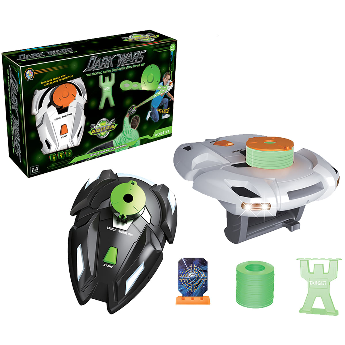 Juego de juguetes con un dispositivo de disparo espacial en blanco y negro y objetivos, con una caja que muestra a un niño disparando.