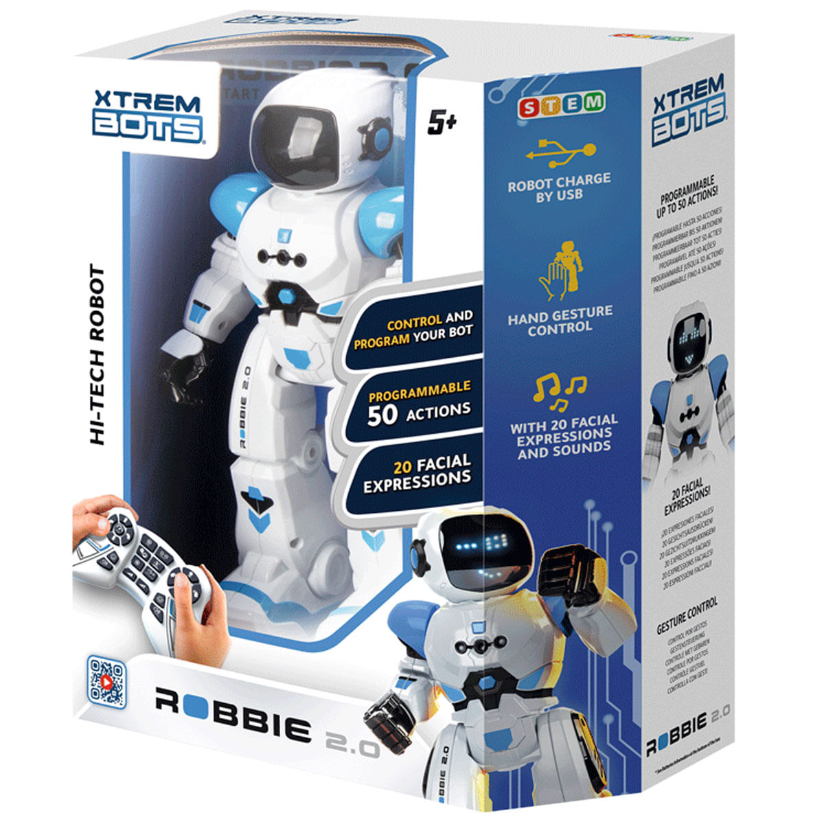 Un juguete robot blanco y azul en una caja, con un control remoto. La caja dice 'Robbie 2.0'.
