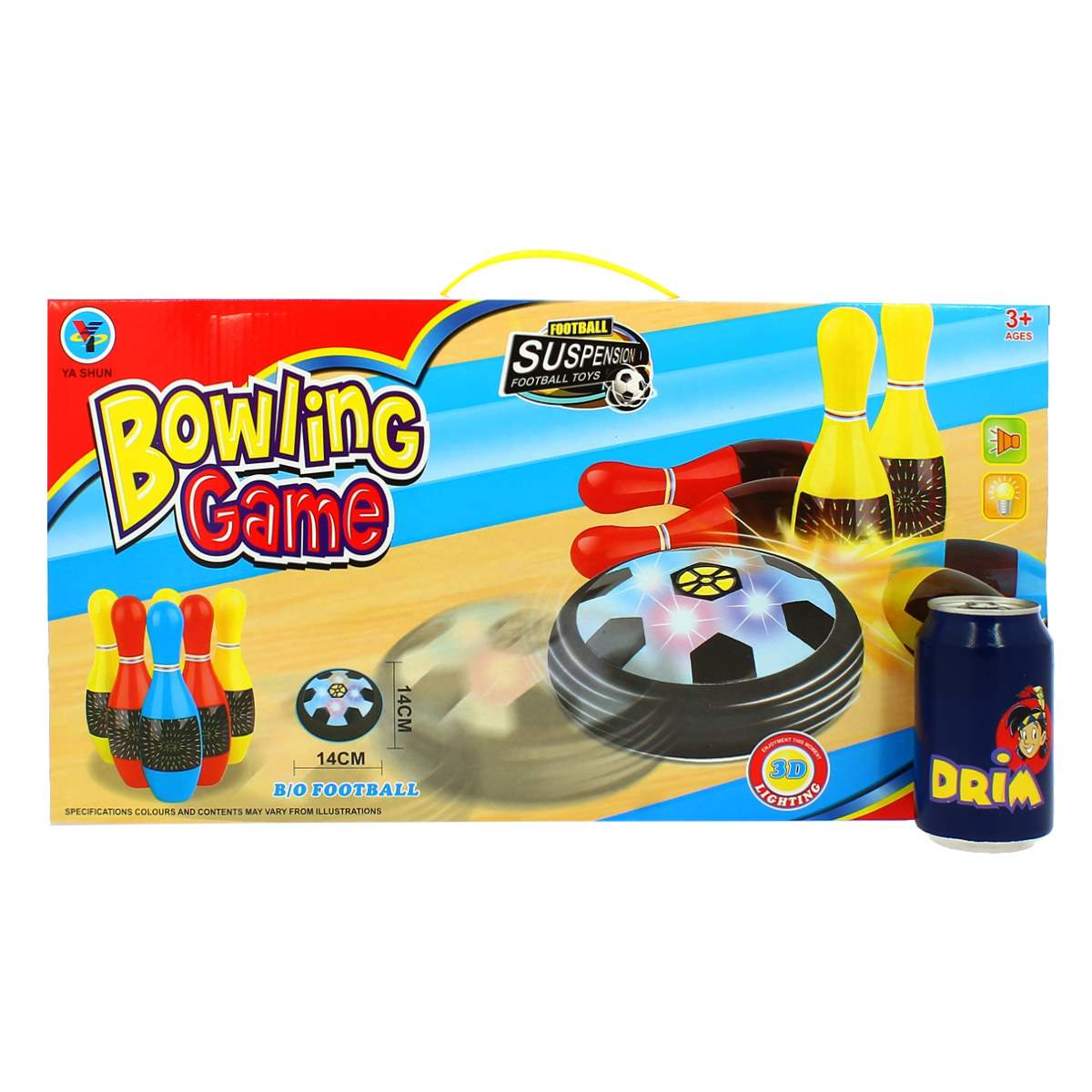 La caja muestra un juego de bolos, bolos, un balón de fútbol y una lata.