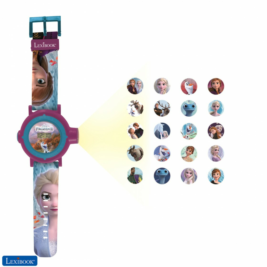 Un bambino che indossa un orologio a tema Frozen II, proiettando immagini di personaggi e scene del film.