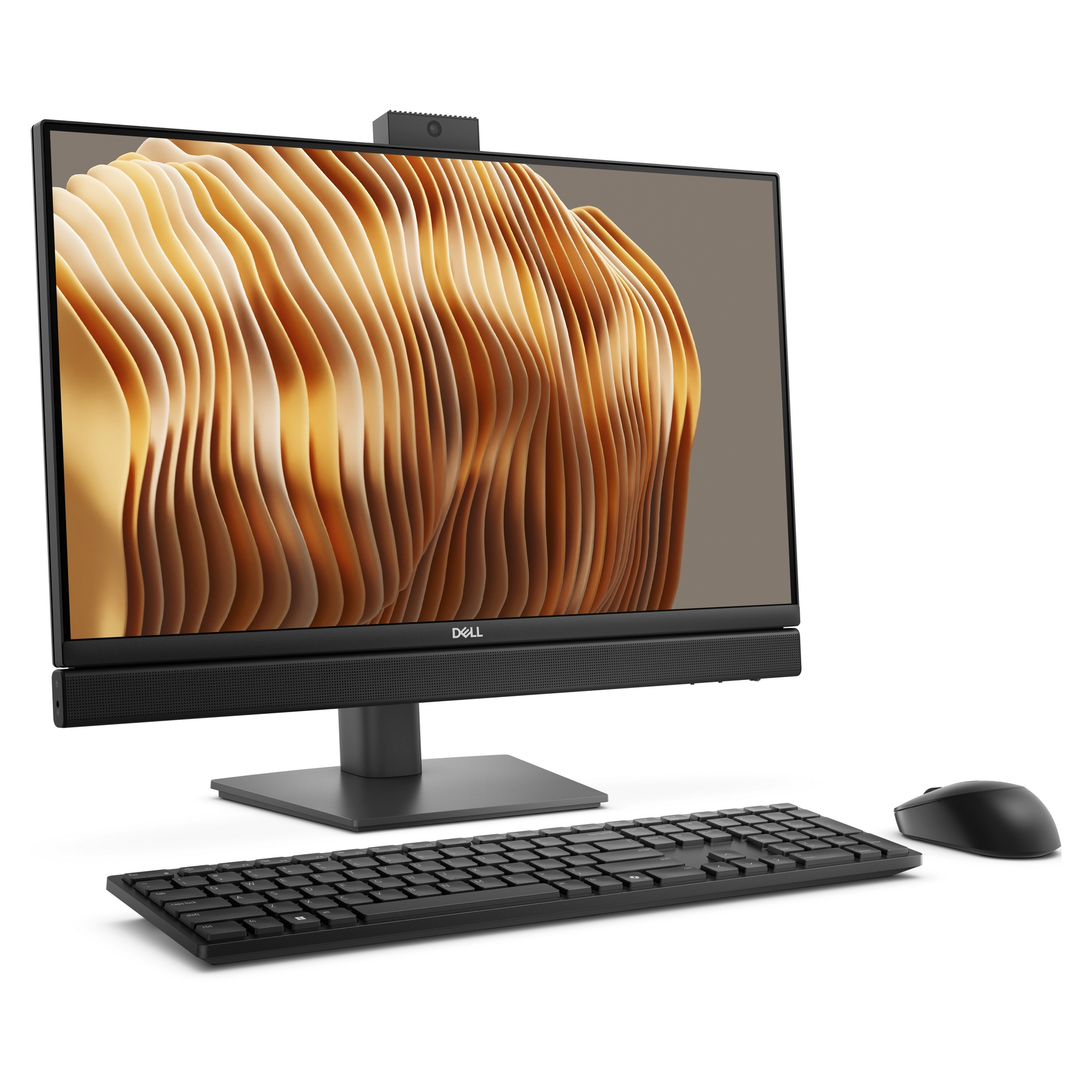 Ein Dell Desktop-Computer mit Monitor, Webcam, Soundbar, Tastatur und Maus wird auf weißem Hintergrund präsentiert.