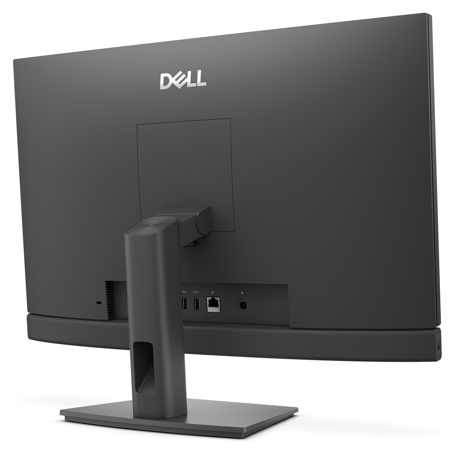 Rückansicht eines schwarzen Dell-Monitors. Der Ständer ist schwarz und hat eine quadratische Basis. Das Dell-Logo ist sichtbar.