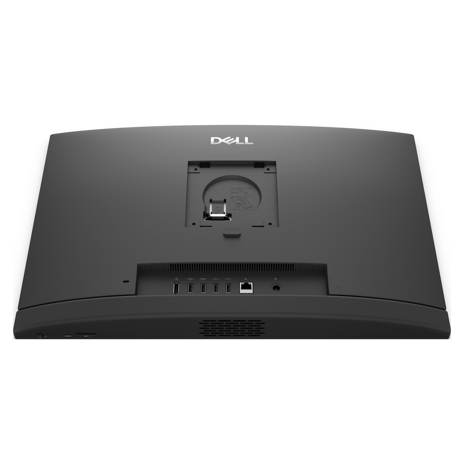 Die Rückseite eines Dell-Computermonitors. Er ist schwarz mit Anschlüssen und dem Dell-Logo.