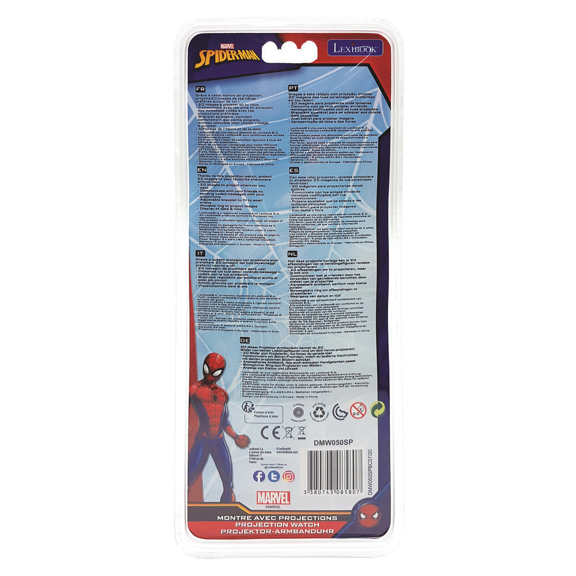 Il retro di una confezione di orologio di Spider-Man. Contiene testo in più lingue e un'immagine di Spider-Man.