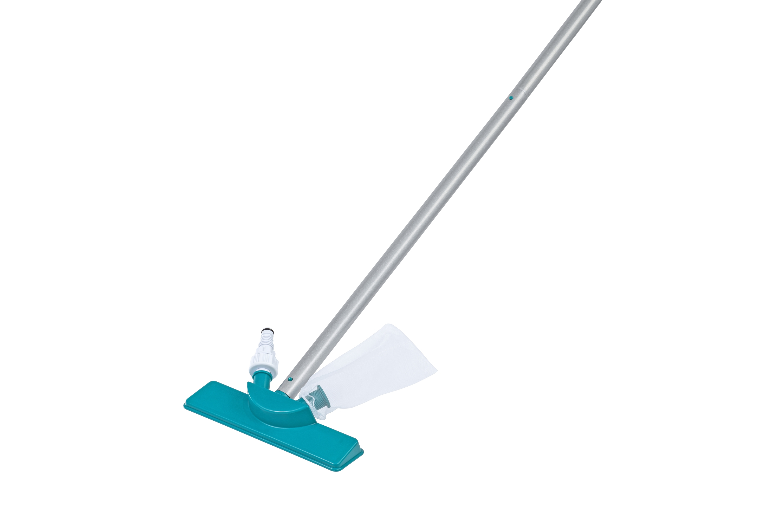 Ein blauer und teal Poolreiniger mit einer langen silbernen Stange, vor weißem Hintergrund. Durch einen Schlauch verbunden.