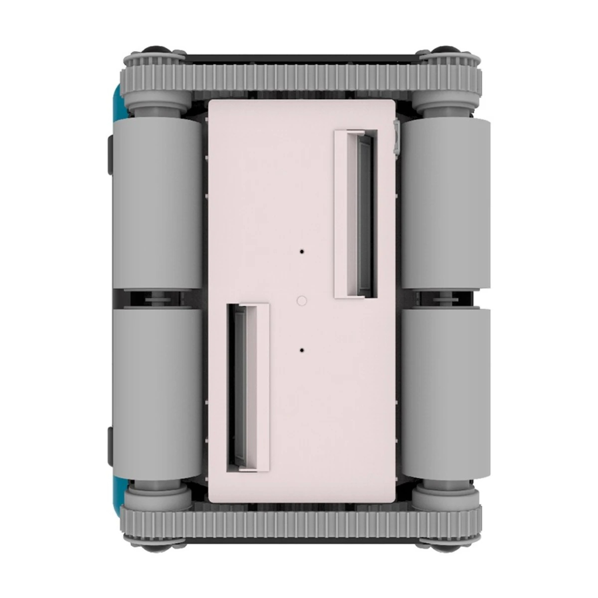 Vista superior de un robot limpiador de piscinas. Rodillos grises, un centro blanco y ruedas grises.