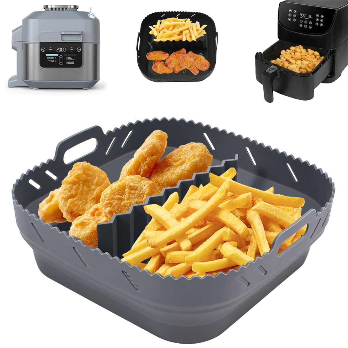 Graues Silikon-Zubehör für die Heißluftfritteuse, gefüllt mit Pommes und Nuggets. Heißluftfritteusen sind im Hintergrund zu sehen.