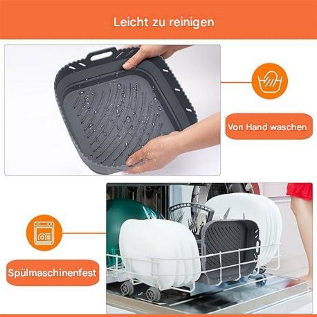 Zusammenklappbares graues Waschbecken, das in Händen gehalten wird und in einem Geschirrkorb in einer Spülmaschine steht.