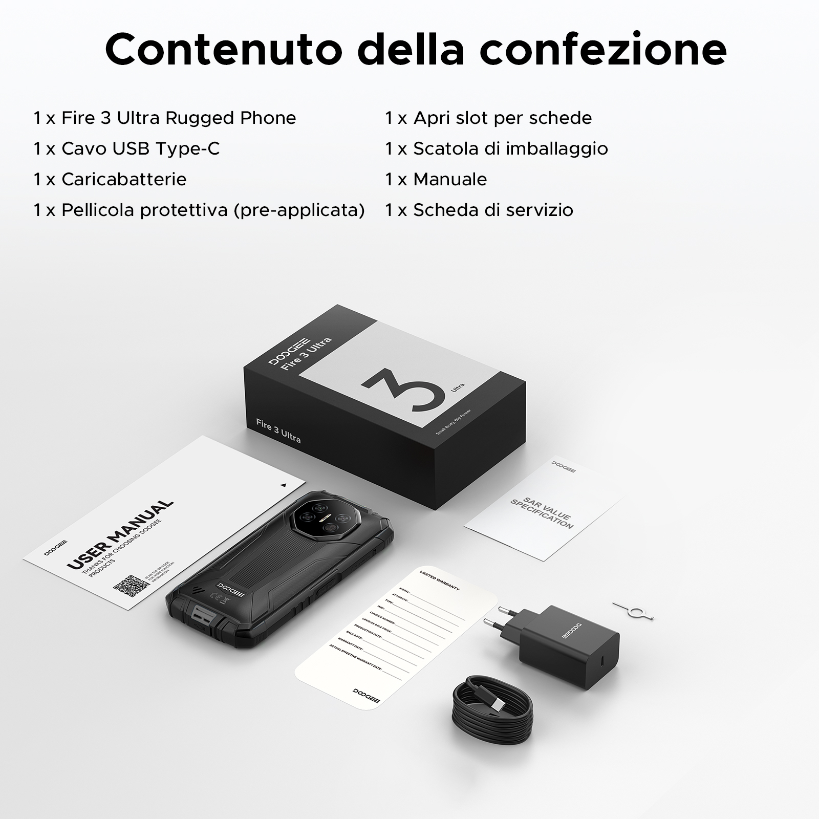 L'immagine mostra il contenuto della confezione del Fire 3 Ultra Rugged Phone, inclusi il telefono, il cavo e il manuale.