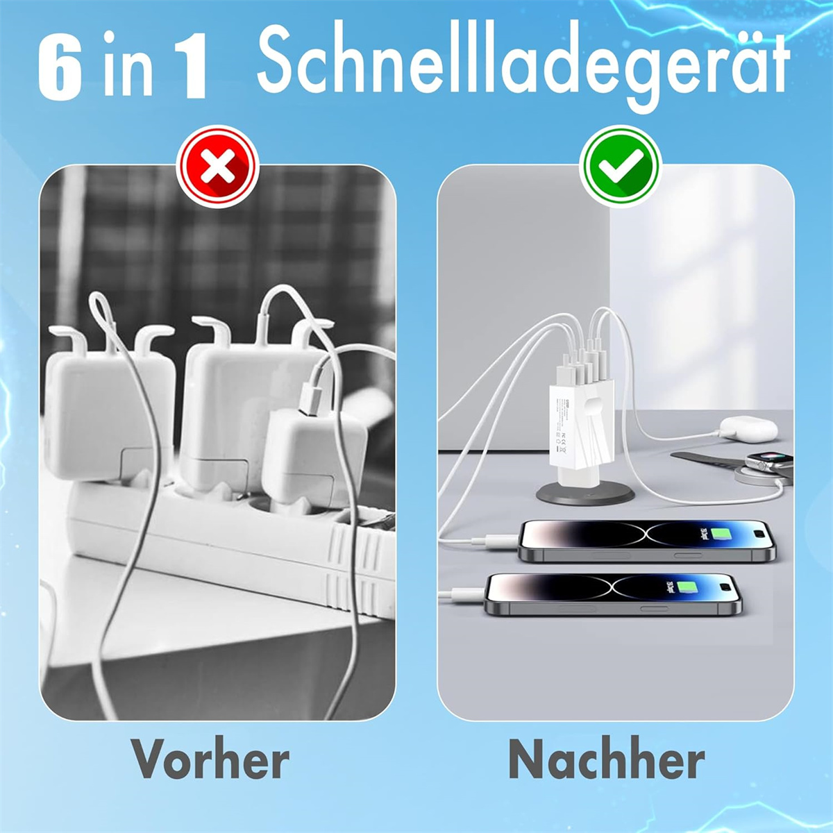 Vergleich von Ladegeräten. Altes Setup (links) vs. neues, Multiport-Ladegerät (rechts) mit Telefonen.