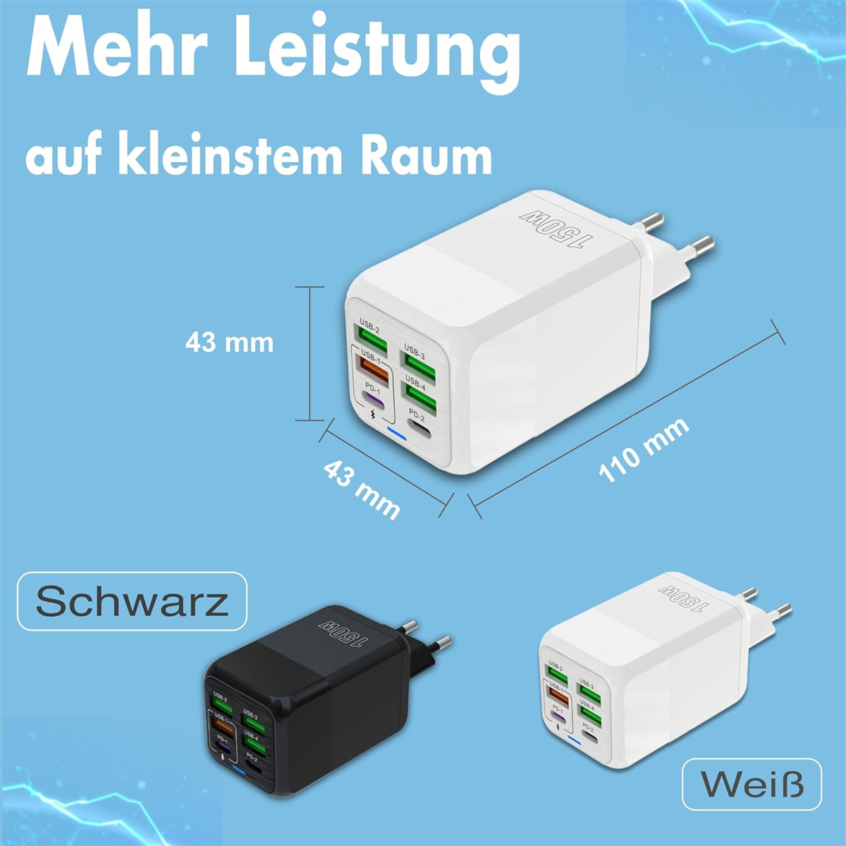 Weißes und schwarzes Ladegerät mit mehreren Anschlüssen. Abmessungen sind in mm angegeben.