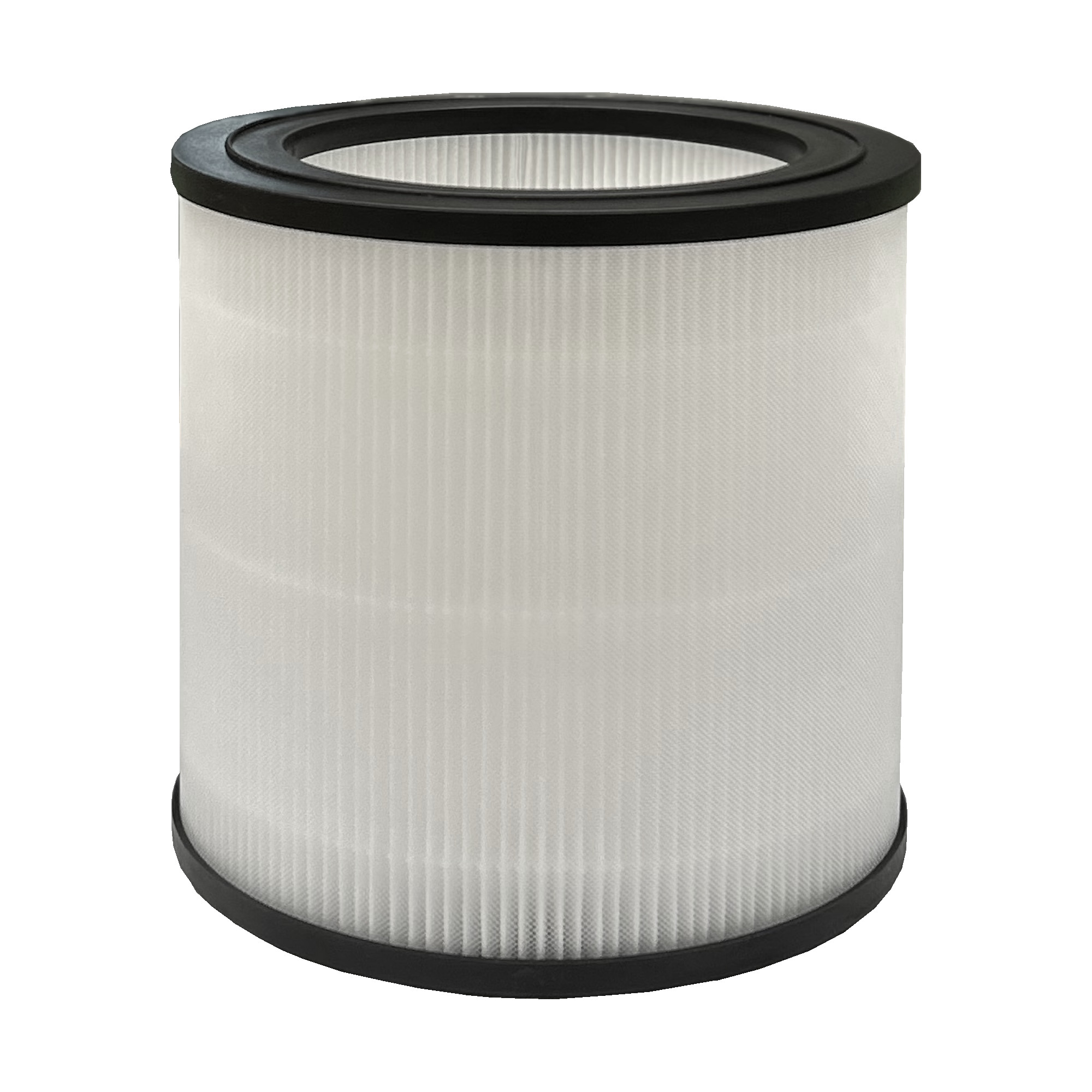 Zylindrischer Luftfilter mit weißem, plissiertem Filter und schwarzen Rändern oben und unten.