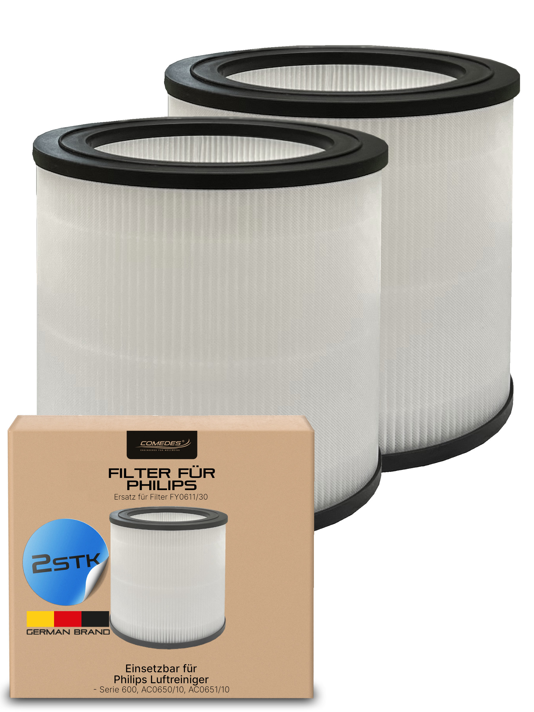 Zwei zylindrische Luftfilter in einer Box. Die Box zeigt ein Bild des Filters und Branding-Informationen.