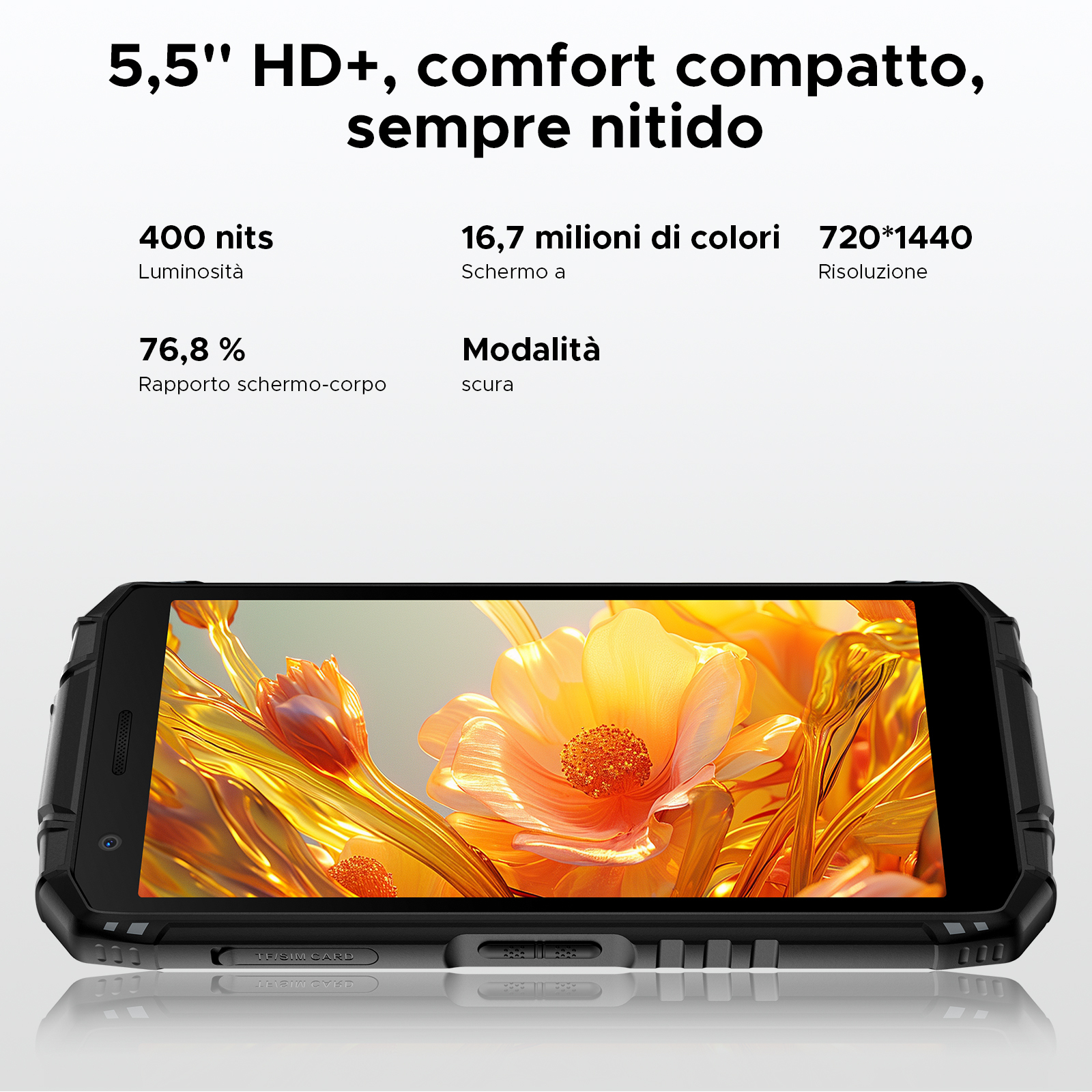 Telefono nero dal design robusto. Il display mostra un'immagine floreale, con varie specifiche sopra.